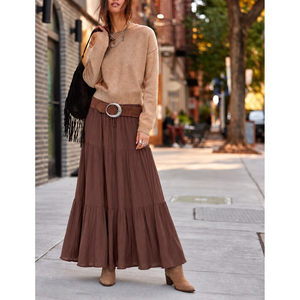 Rachel Paige Boho Tiered Gauze Maxi Skirt Women L Dark Brown Elastic Waist NWT